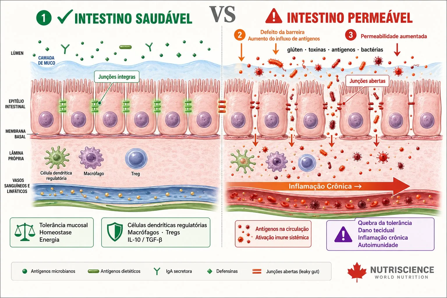 Infográfico científico comparando o intestino saudável com junções íntegras à esquerda e o intestino permeável com junções abertas e antígenos vazando para a corrente sanguínea à direita